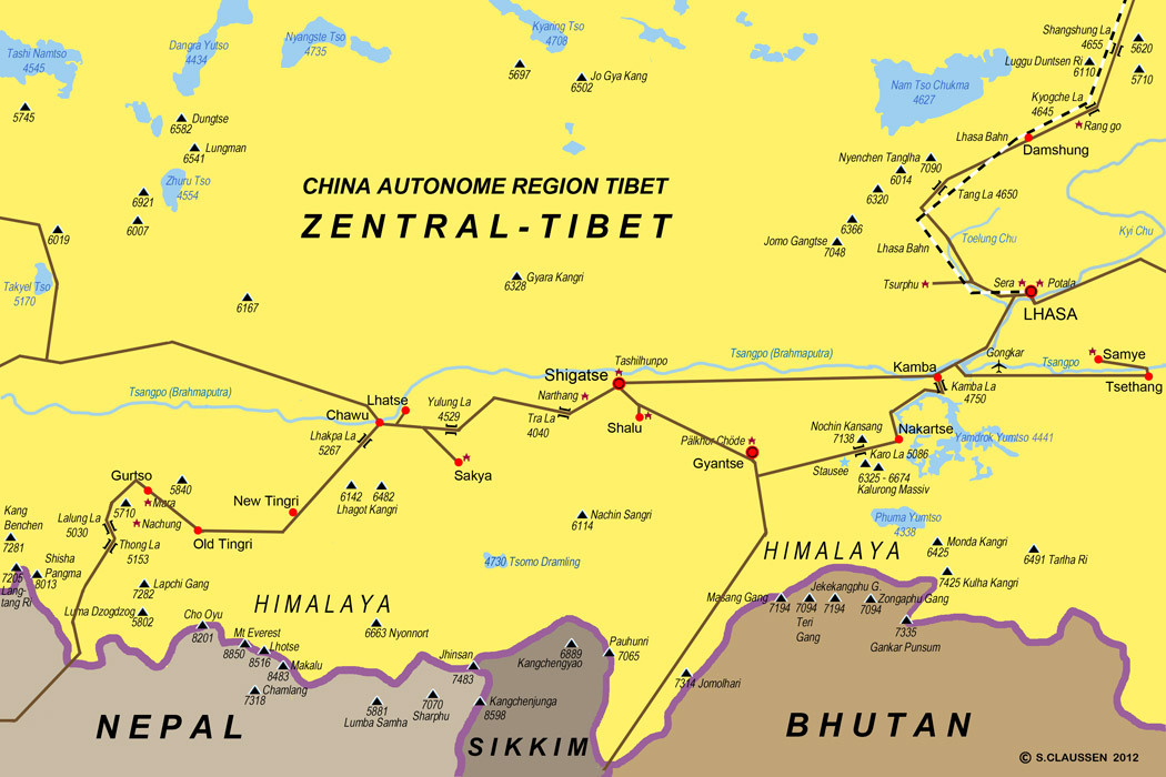 Reisestationen in Zentraltibet 2011 auf www.claussen-net.de