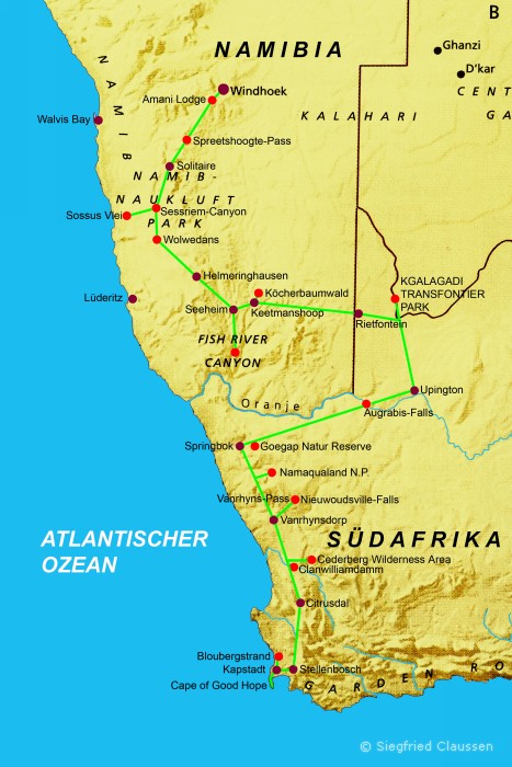 Reiseroute südliches Afrika 2005